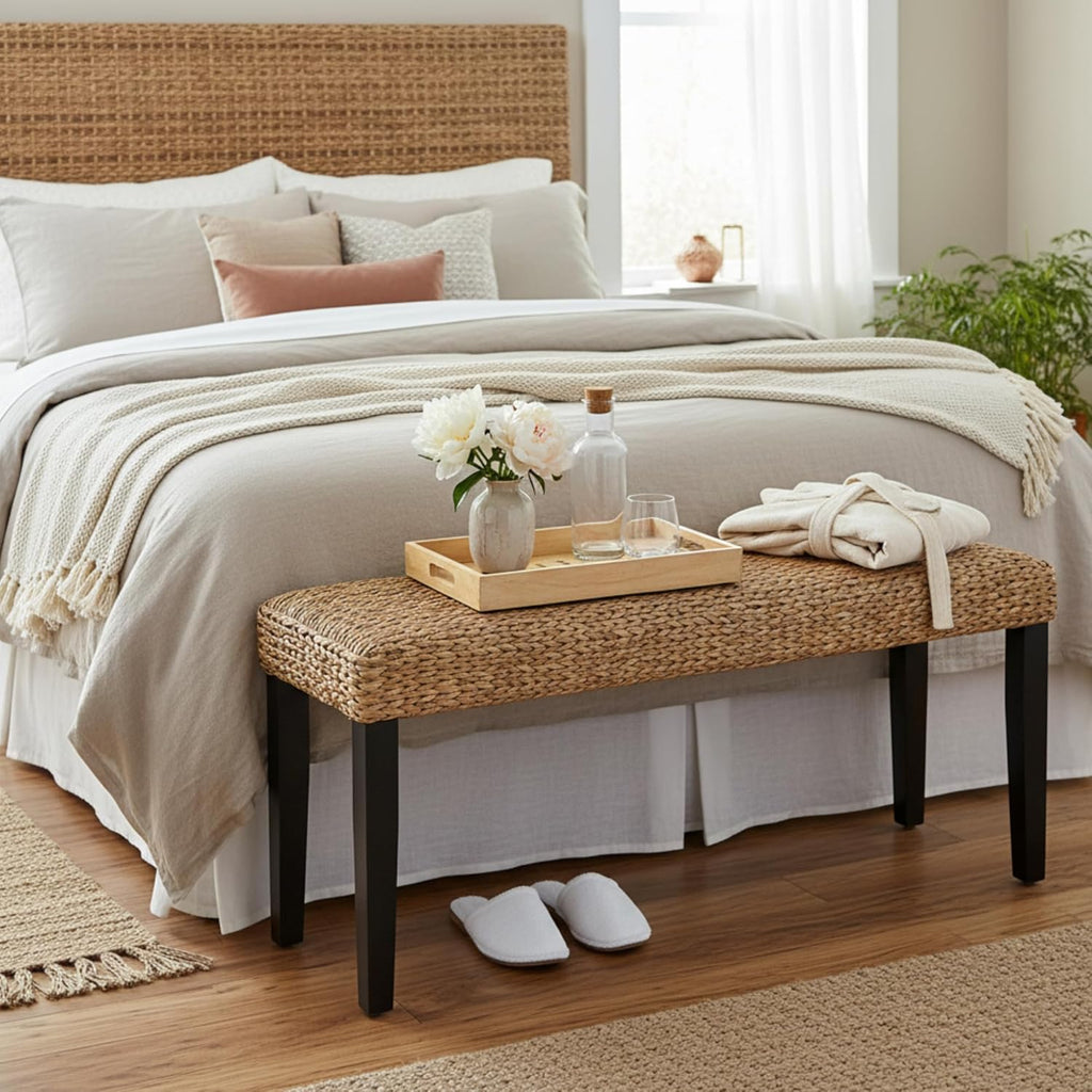 End of Bed Bench for Bedroom, 47" Entryway Bench with Solid Wood Acacia, Water Hyacinth Indoor Bench Seat, Boho Woven Bench for Living Room, Wicker Bench for Hallway or Kitchen, Wood Bench (Black Leg)