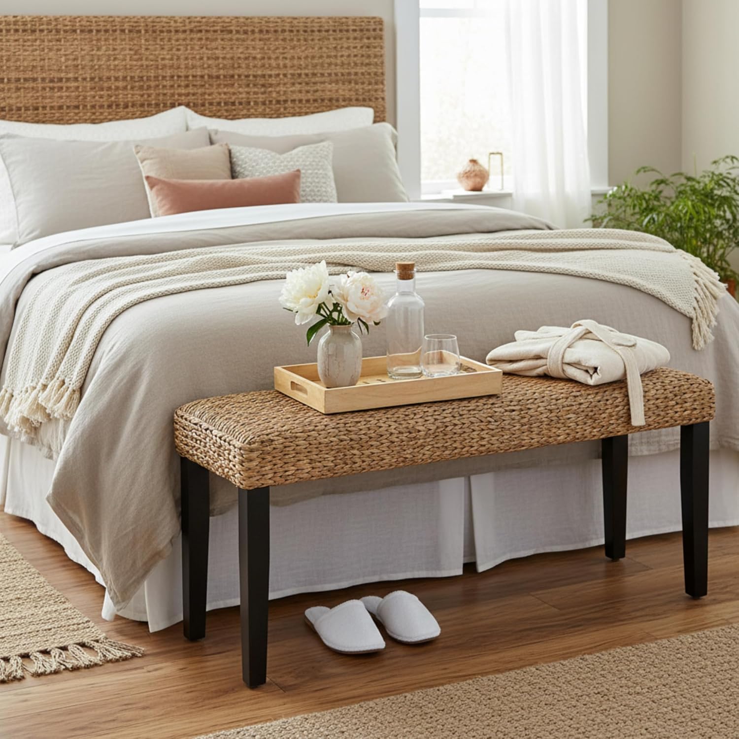 End of Bed Bench for Bedroom, 47" Entryway Bench with Solid Wood Acacia, Water Hyacinth Indoor Bench Seat, Boho Woven Bench for Living Room, Wicker Bench for Hallway or Kitchen, Wood Bench (Black Leg)