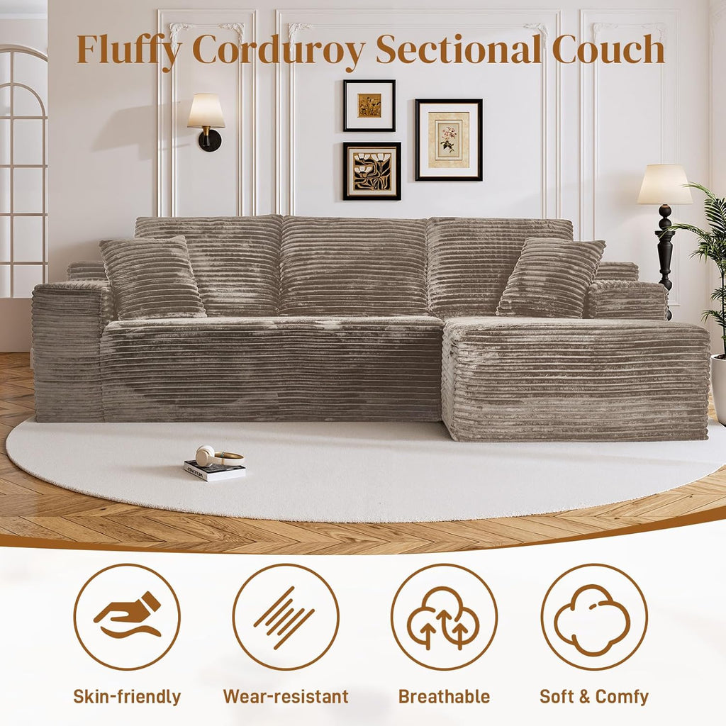 108" L Shaped Boneless Sectional Couches for Living Room, Comfy Corduroy Floor Cloud Sofa with Chaise, Wide Armrest, Deep Seat, Memory Foam, Assembly Free, Ideal for Small Spaces, Brown