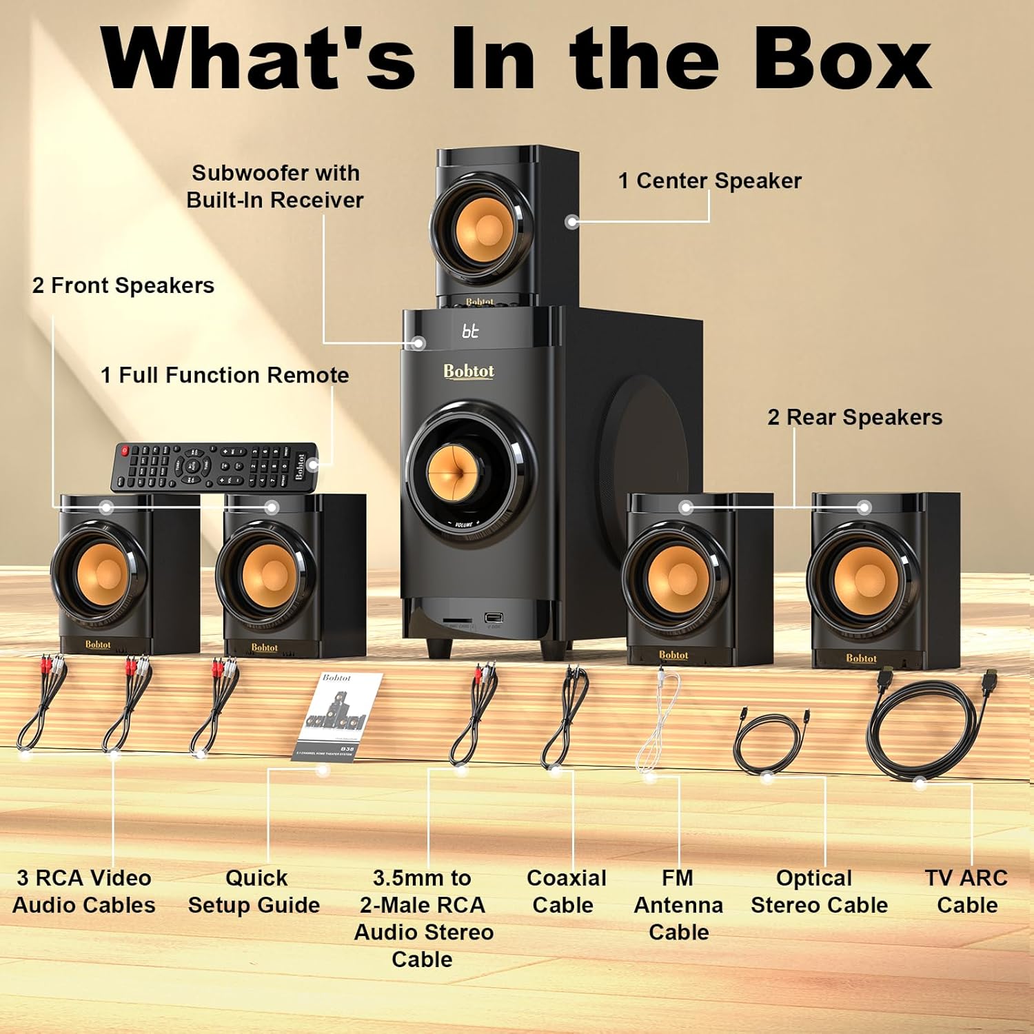 Bobtot Small Subwoofer Home Theater for TV Surround System 5 Wired Speakers Amplifier 4 inch Woofer Built-in Receiver Support ARC Optical Bluetooth Input for Projector