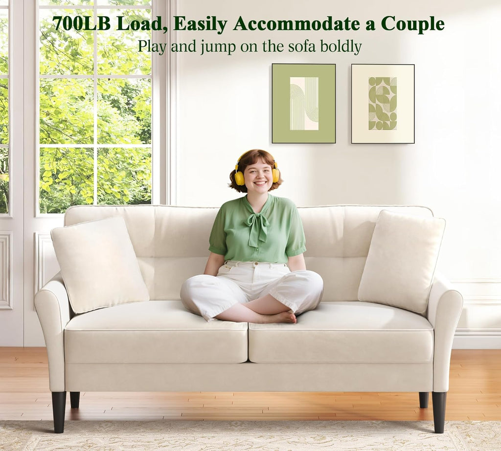 Loveseat Sofa, 69" Love Seat Couches, Comfy Velvet Small Couches for Small Spaces with 2 Pillows, Tool-Free Setup Sofas & Couches, 700lb Load Sofas for Living Room, Mini Couch for Bedroom, White Couch