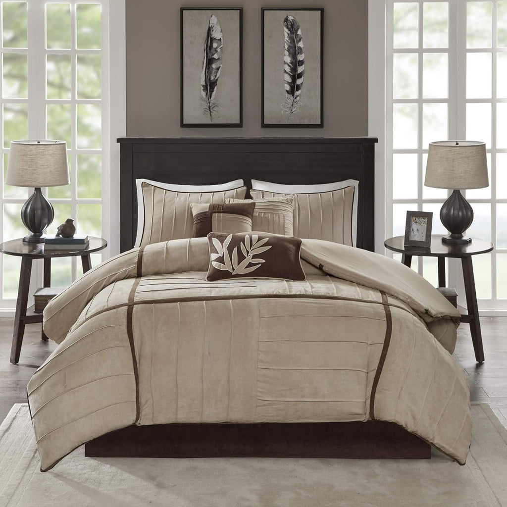 Madison Park Cozy Comforter Set Casual Blocks Design All Season, Matching Bed Skirt, Decorative Pillows, King(104"x92"), Dune Suede, Beige Brown, 7 Piece
