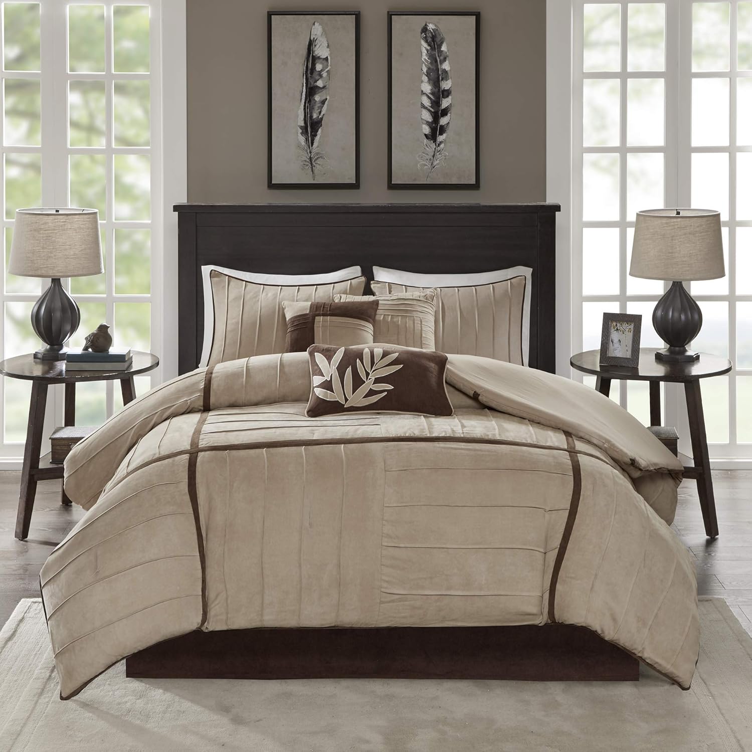 Madison Park Cozy Comforter Set Casual Blocks Design All Season, Matching Bed Skirt, Decorative Pillows, King(104"x92"), Dune Suede, Beige Brown, 7 Piece