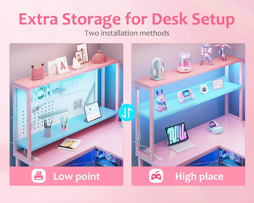 ODK 53 Inch L Shaped Desk with LED Lighting, Reversible Gaming Desk with Power Outlets, Cornor Computer Table with Storage Shelves & Bag & Iron Hook, Home Office Table for Writing, Study, Pink