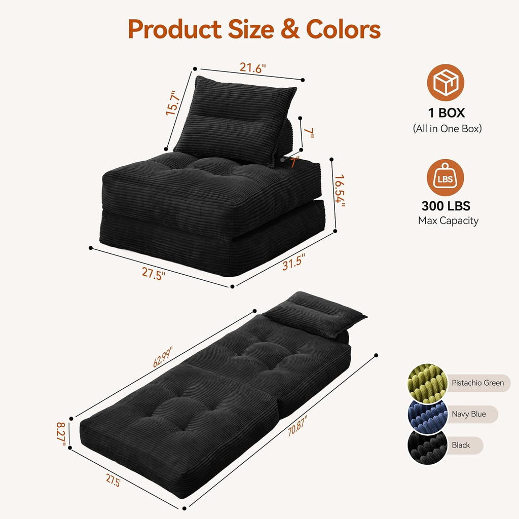 MONVANE Folding Sofa Bed, Fold Out Chair Bed with Pillow, Convertible Sleeper Chair for Living Room/Small Spaces, Foldable Lazy Sofa Bed Floor Chair, Comfy Corduroy Couch Bed, Black