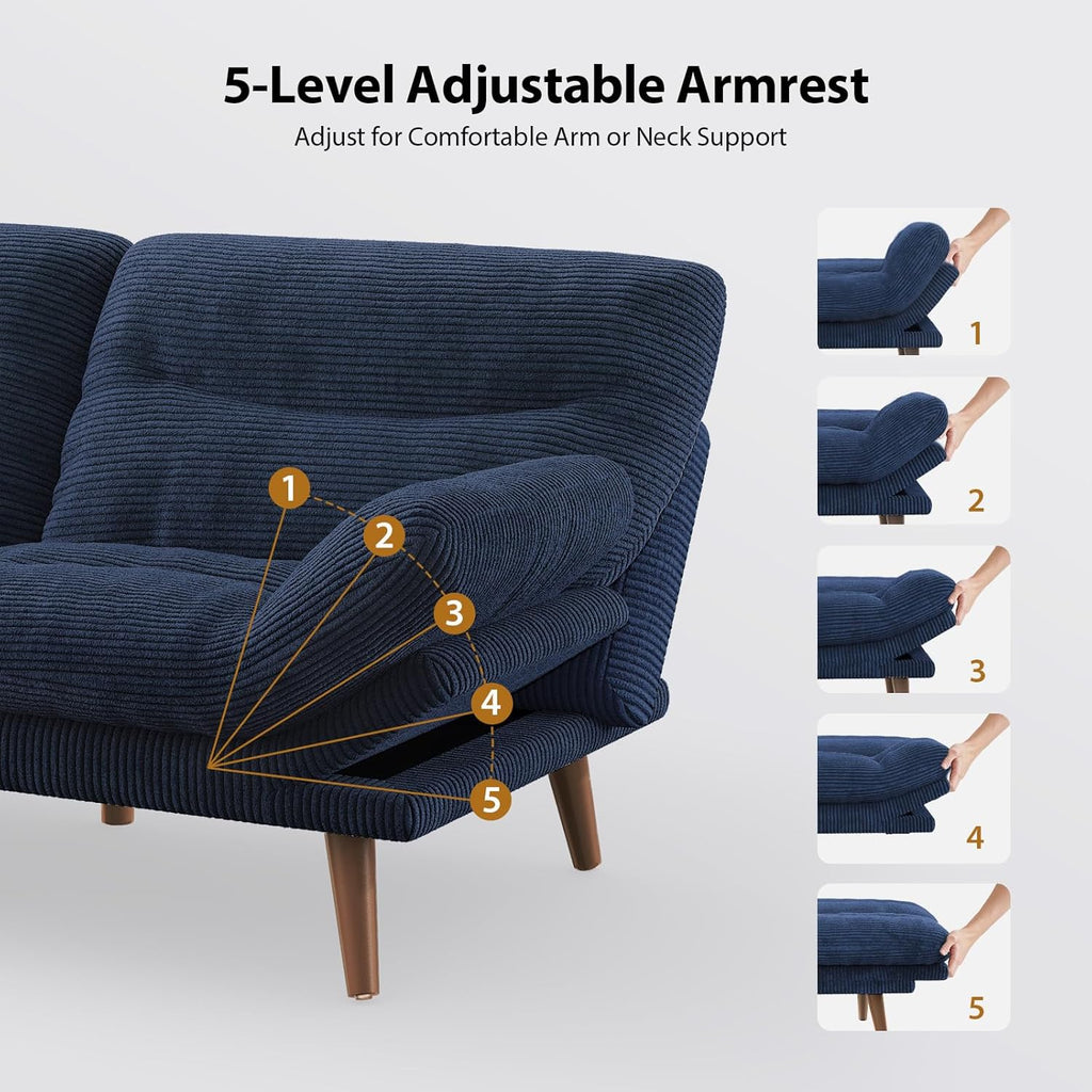 Pipishell Futon Sofa Bed, 66 Inch Corduroy Futon Couch Convertible with Adjustable Backrest and Armrests, Recliner Sleeper Sofa for Small Spaces, Living Room, Office, Guest Room (Blue, 66 Inch)