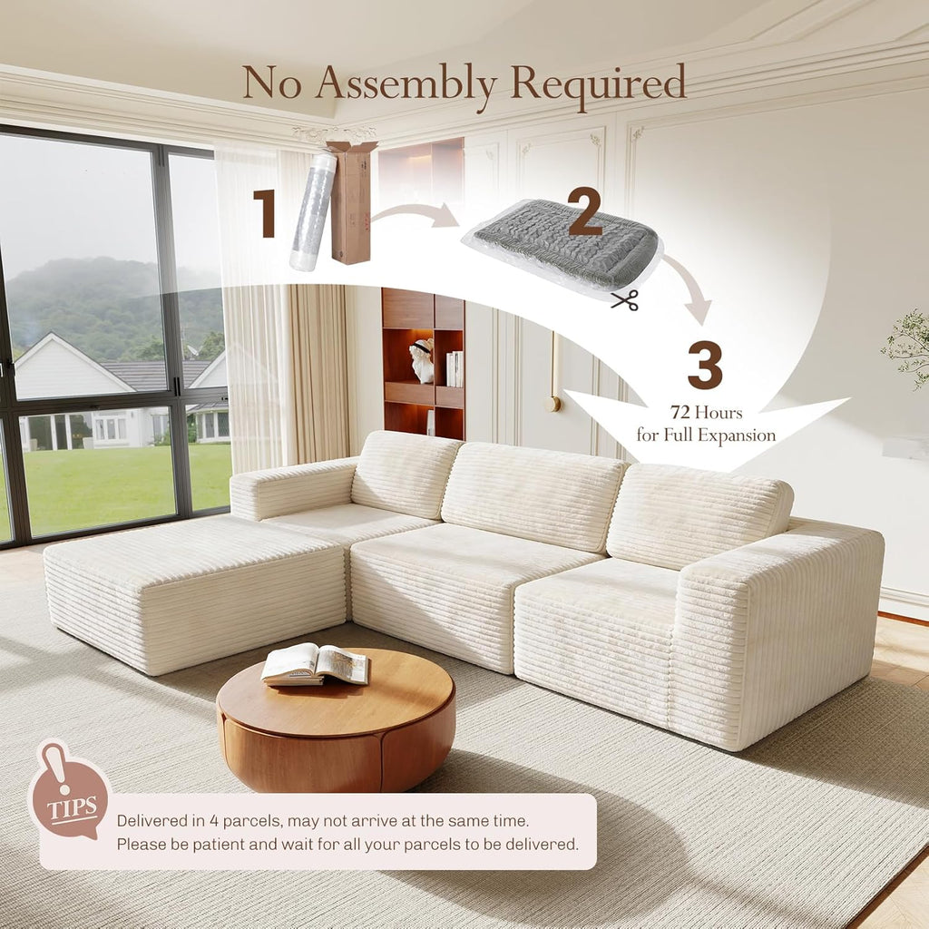 Vesgantti 119" L-Shaped Modular Sectional Sofa, Corduroy Cloud Couch with Deep Seating & Spring Support, Flexible Layout Sofa with Ottoman, Boneless Style, No Assembly Required, Beige