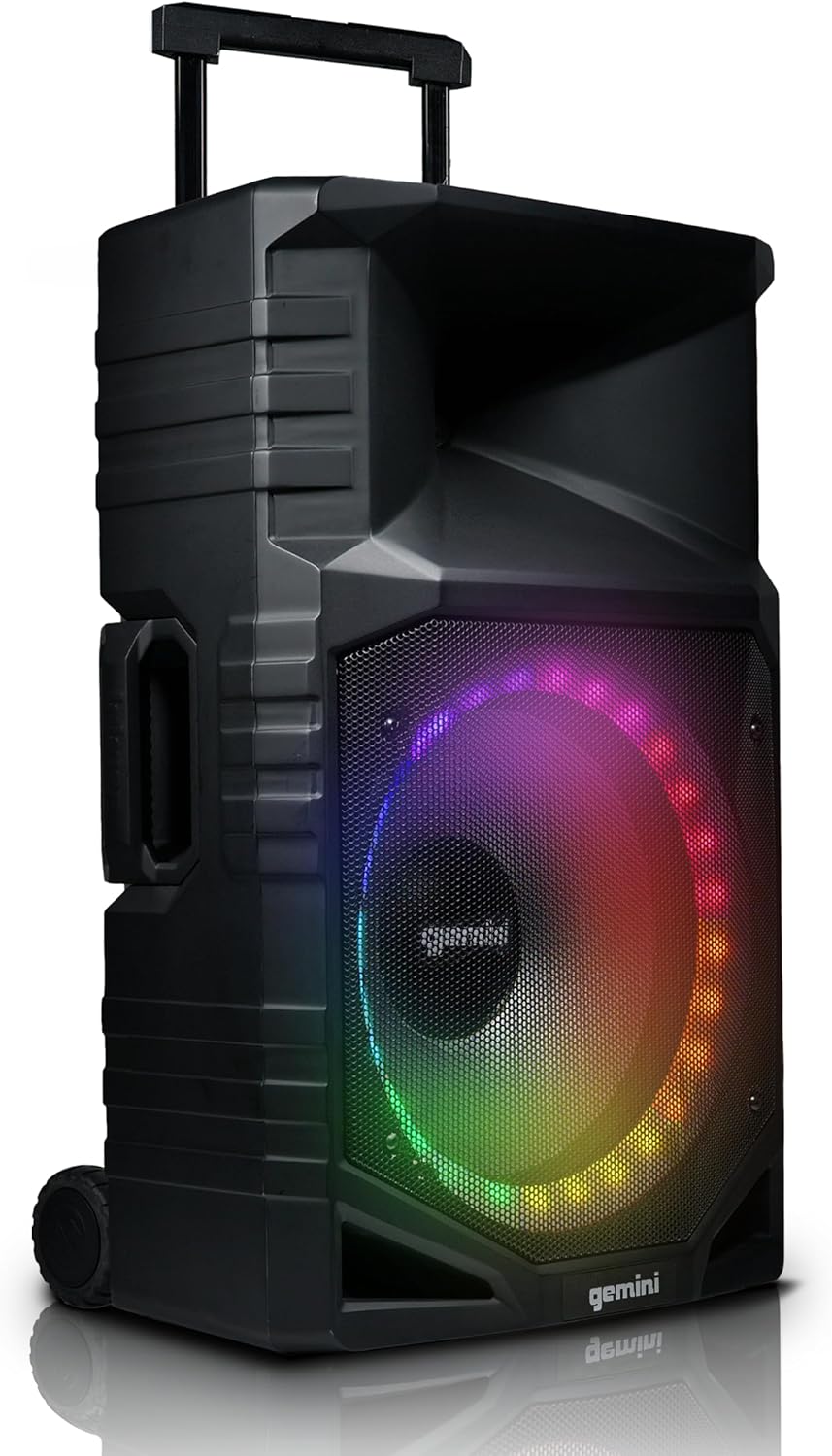 Gemini Sound Portable PA Speaker System with Bluetooth – 15" Woofer, All-Weather IPX4, 24Hr Battery, RGB LED Party Lights, Mic & Guitar Inputs, USB/FM Radio, Wireless Stereo Link (GXP-T1500)