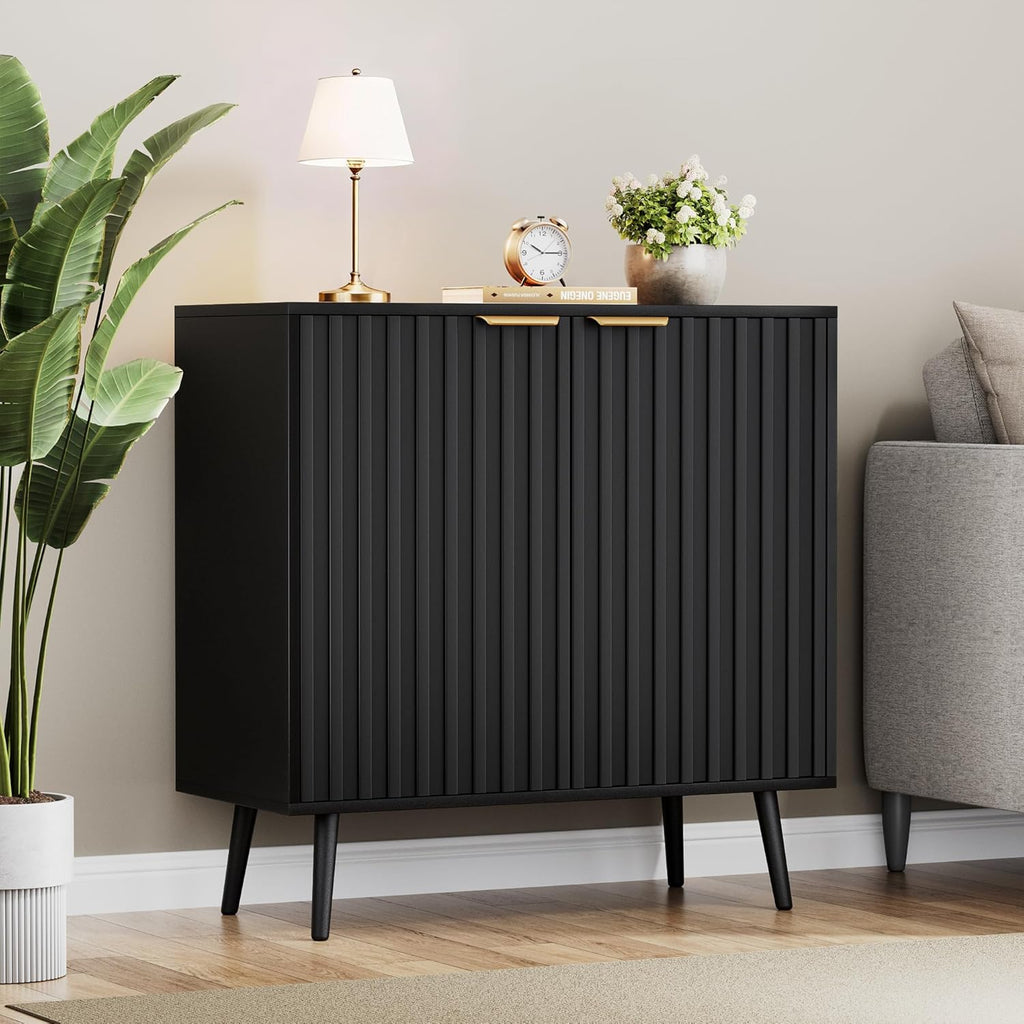 Black Fluted Buffet Cabinet, Free Standing Sideboard with Storage, Wood Accent Cabinet with Doors & Shelf, Modern Credenza, Sideboard Buffet Cabinet for Living Room, Dining Room(1, Black)