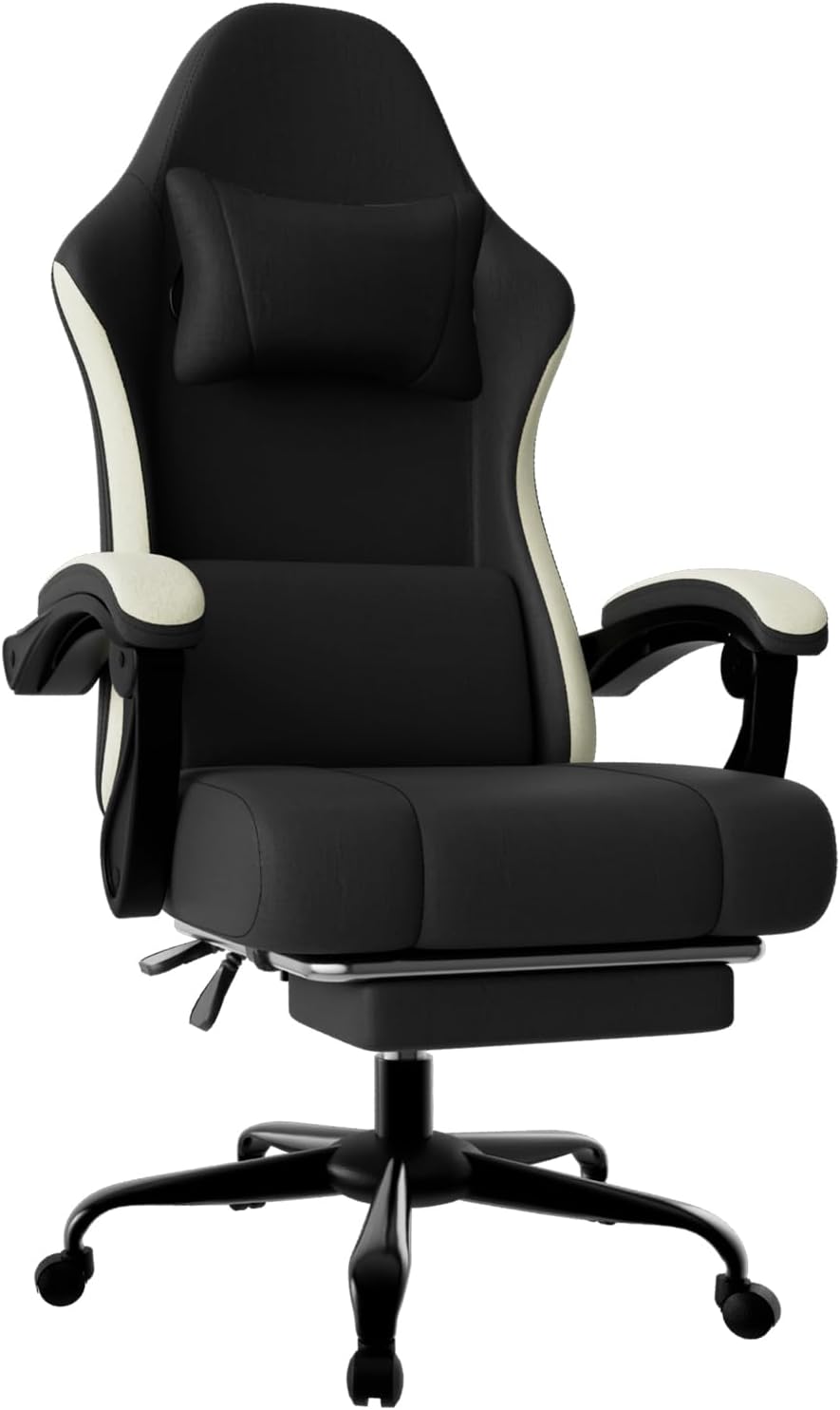 Gaming Chair, High Back Fabric Computer Chair with Pocketed Spring Cushion and Footrest, Height Adjustable Game Chair with Headrest and Lumbar Support (Beige & Black)