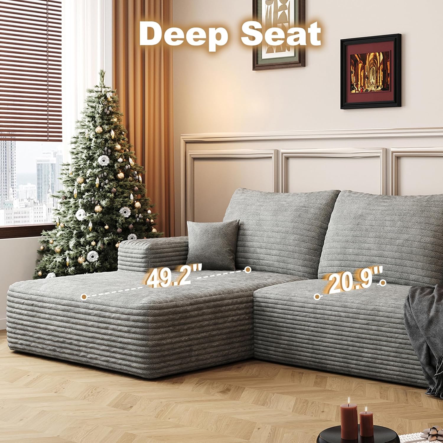 108" Sectional Couches for Living Room Cloud Couch Sofa with L-Shape Upholstered Boneless Couchs Modern Modular Sectional Couch with Chaise (Grey, 108" Left Facing Chaise+2Seaters)