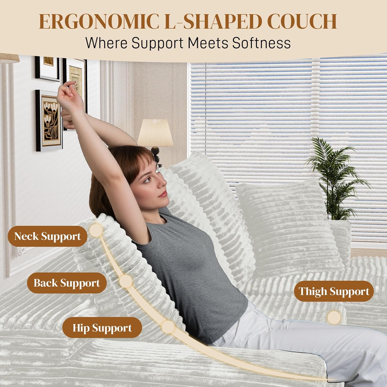 108" L Shaped Boneless Sectional Couches for Living Room, Comfy Corduroy Floor Cloud Sofa with Chaise, Wide Armrest, Deep Seat, Memory Foam, Assembly Free, Ideal for Small Spaces, White