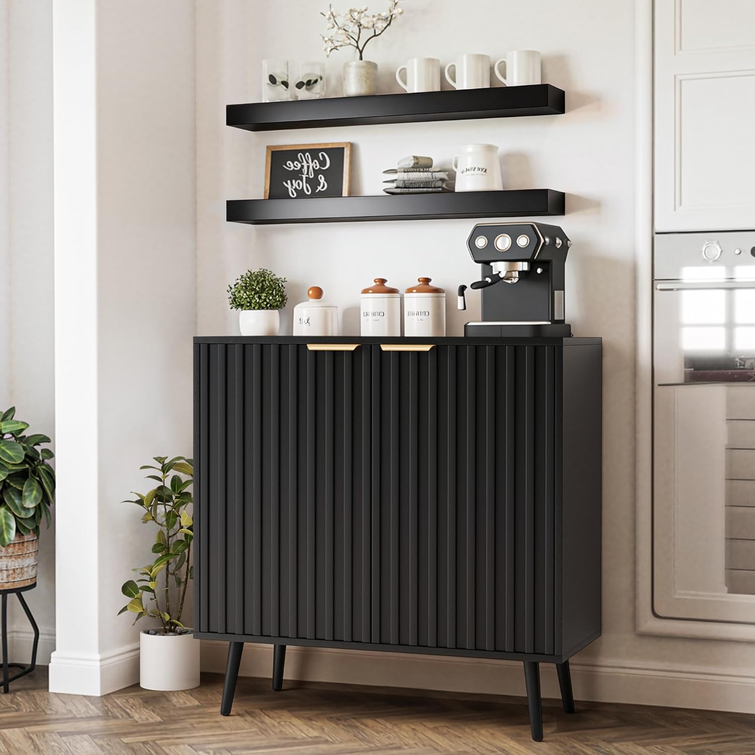 Black Fluted Buffet Cabinet, Free Standing Sideboard with Storage, Wood Accent Cabinet with Doors & Shelf, Modern Credenza, Sideboard Buffet Cabinet for Living Room, Dining Room(1, Black)