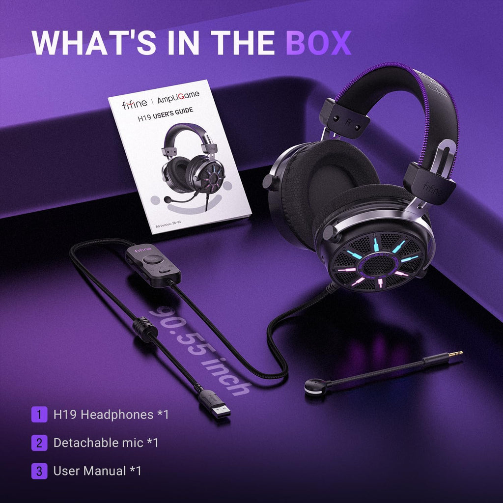 FIFINE Wired Open Back Gaming Headset, Open Acoustic Audio, Breathable Mesh Fabric, 7.1 Surround Sound, Vibrant RGB, USB Control Box, Over-Ear Headphone with Mic for PC, PS5/PS4, Laptop, Mac - H19BP