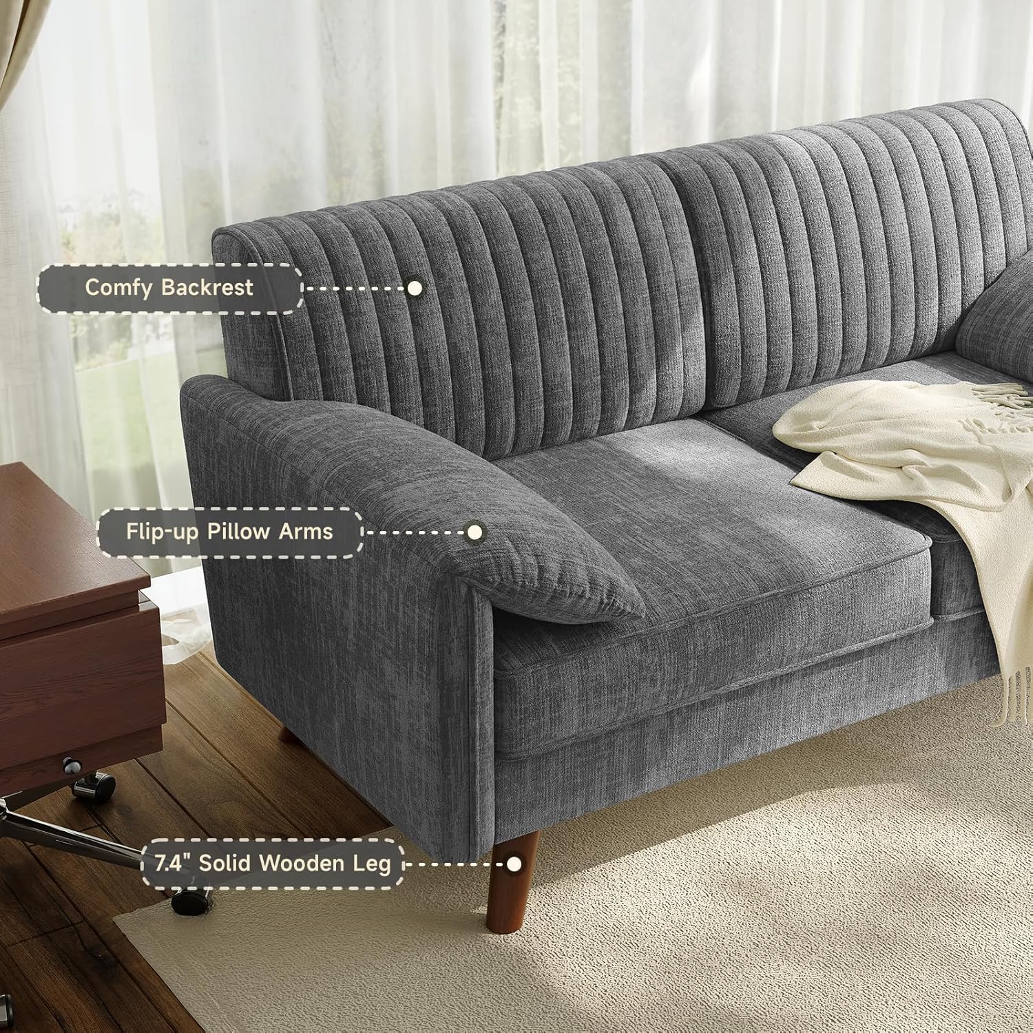 ONBRILL 64.5" Loveseat Sofa, Chenille Loveseat Couch for Living Room, 23.2" Deep Seat Love Seat with Padded Arms, Comfy Modern Small Couches for Bedroom, Small Spaces, Dorms, Office, Grey