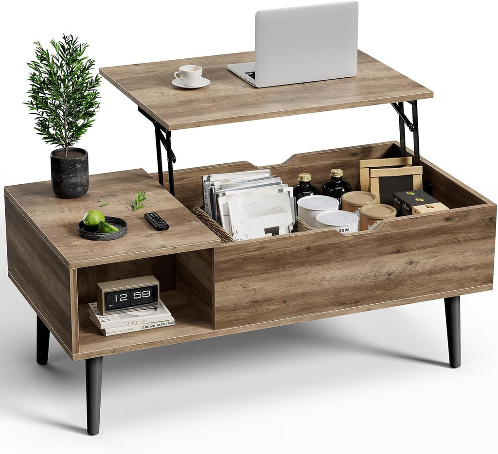 OLIXIS Wooden Coffee Table, Lift Top Coffee Table with Large Hidden Compartment and Ample Storage Shelf, Lift Tabletop Dining Table for Living Room, Home Small Space, Grey