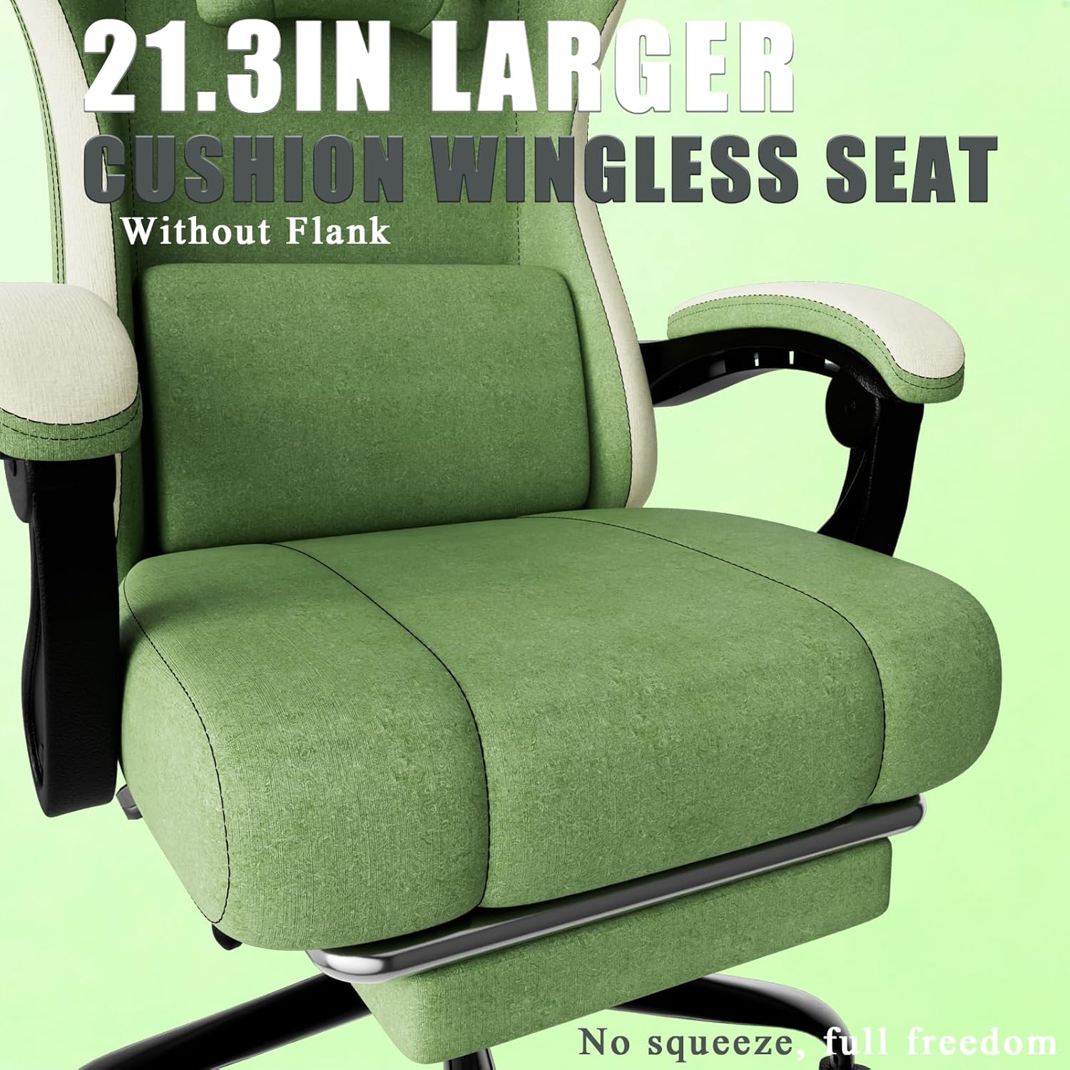 Gaming Chair, High Back Fabric Computer Chair with Pocketed Spring Cushion and Footrest, Height Adjustable Game Chair with Headrest and Lumbar Support (Beige & Green)