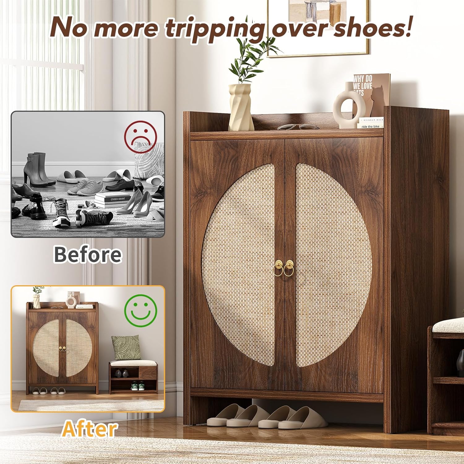 Shoe Cabinet Storage for Entryway - Rattan Entry Way Shoe Storage Cabinet with Adjustable Shelves, Wood Shoe Organizer Cabinet, Accent Cabinet with Doors for Entrance Hallway Living Room Foyer