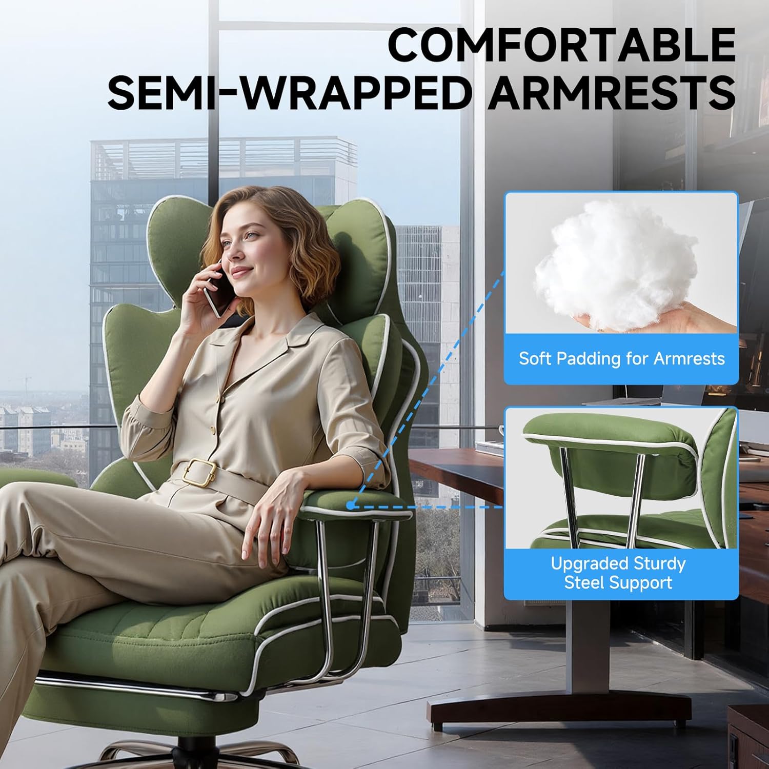 GTPLAYER Gaming Chair,Office Chair with Pocket Spring Lumbar Support, Ergonomic Comfortable Wide Office Desk Computer Chair with Outward Fixed Soft Armrests and Footrest (Fabric, Green)