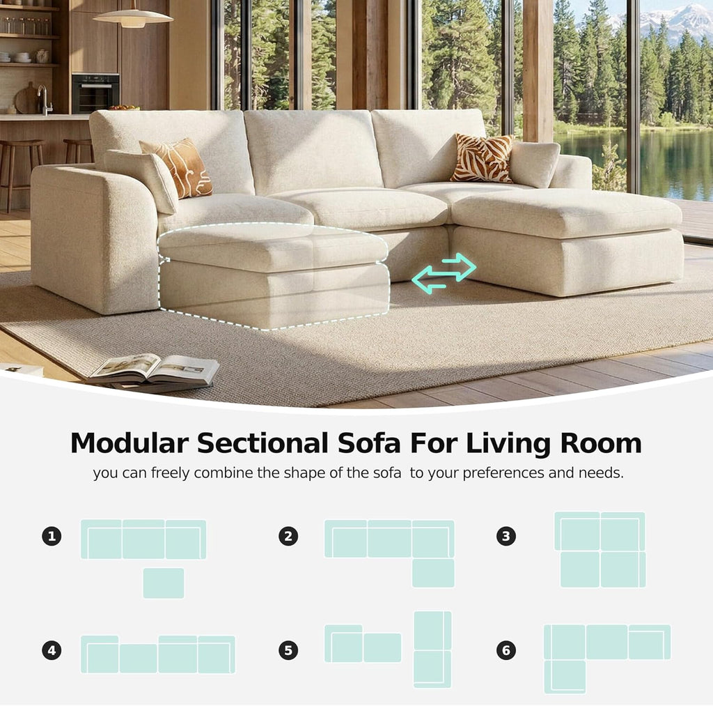 108" Modern Cloud Couch, Plush L Shaped Sectional Couch with Ottoman, Comfy Boneless Couch Modular Sofa, High-Density Memory Foam Deep Seat, No Assembly Required, Pet-Friendly, White