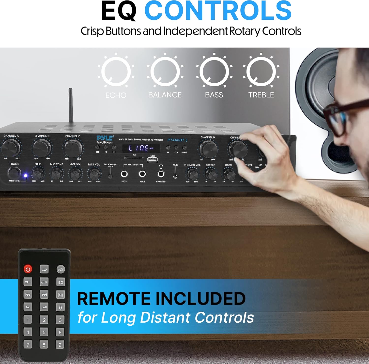 Pyle Bluetooth Home Audio Amplifier - 6 Channel Stereo Receiver Amp, 600 Watt Power, Commercial or Karaoke with Mic Talkover, Headphone Jack, 1/4'' Microphone In, USB SD AUX RCA FM Radio
