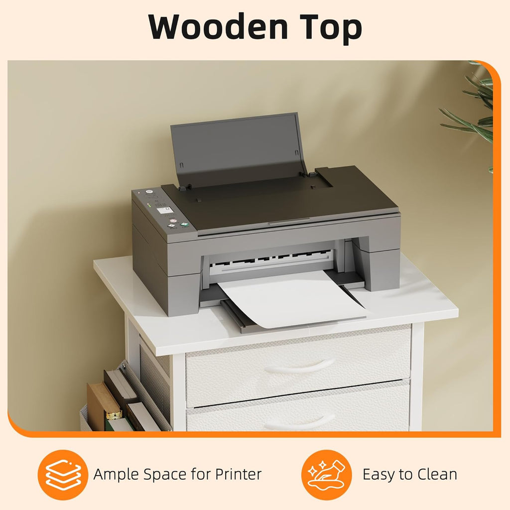 HIGDBFE 5 Fabric Drawers File Cabinet with Side Pocket, Rolling Printer Stand with Storage for Home Office, Wood Top Storage Cabinet for Documents and Crafts, White, 15" D