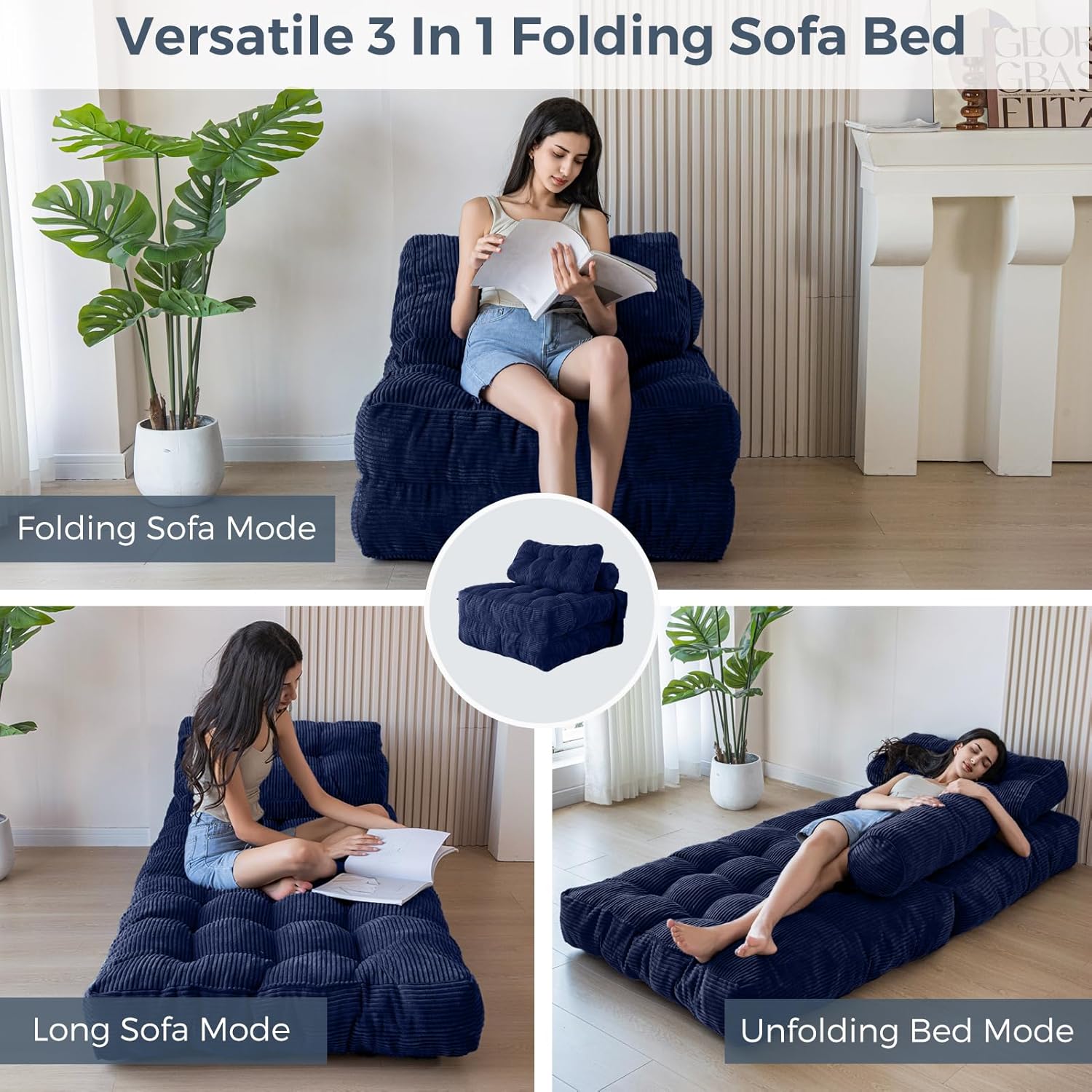 MAXYOYO Folding Sofa Bed, Convertible Sleeper Chair with Pillow Foldable Mattress with Back Support, Portable Fold Out Chair Bed Comfy Floor Sofa Lounge for Living Room Bedroom, Navy, Single