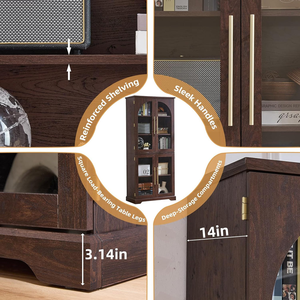 Joaxswe 72" Tall Bookshelf with 4 Curved Glass Doors, Farmhouse Bookcase with 3-Tier Adjustable Shelves, Modern Living Room Display Cabinet, Large Storage Cabinet for Home Office,Dining Room, Walnut