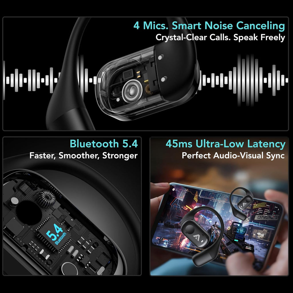 Joy Open-Ear Headphones, Wireless Bluetooth 5.4 Earbuds, Over-Ear Around-Ear Earhook, Sports Fit for Running & Workouts, ENC Clear Calls, HD Sound, App EQ, 40H Battery, IPX4 Sweatproof, Black