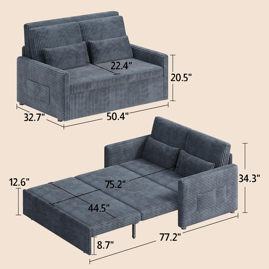 Ahomly 77.2'' Extended Pull Out Sofa Bed, 3-in-1 Small Space Convertible Loveseat Sleeper Couch Bed, Corduroy Sofa for Living Room, Bedroom, Apartment, Dark Grey