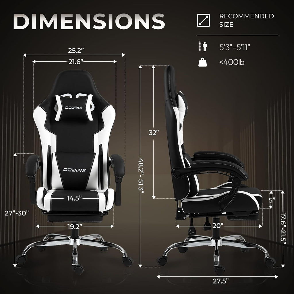 Dowinx Gaming Chair with Footrest, 330lbs Computer Chair 2D Lift Linkage Armrest, Massage Lumbar, Height Adjustable Ergonomic Comfy Video Game Chairs for Home Office Streaming, Long Gaming, White