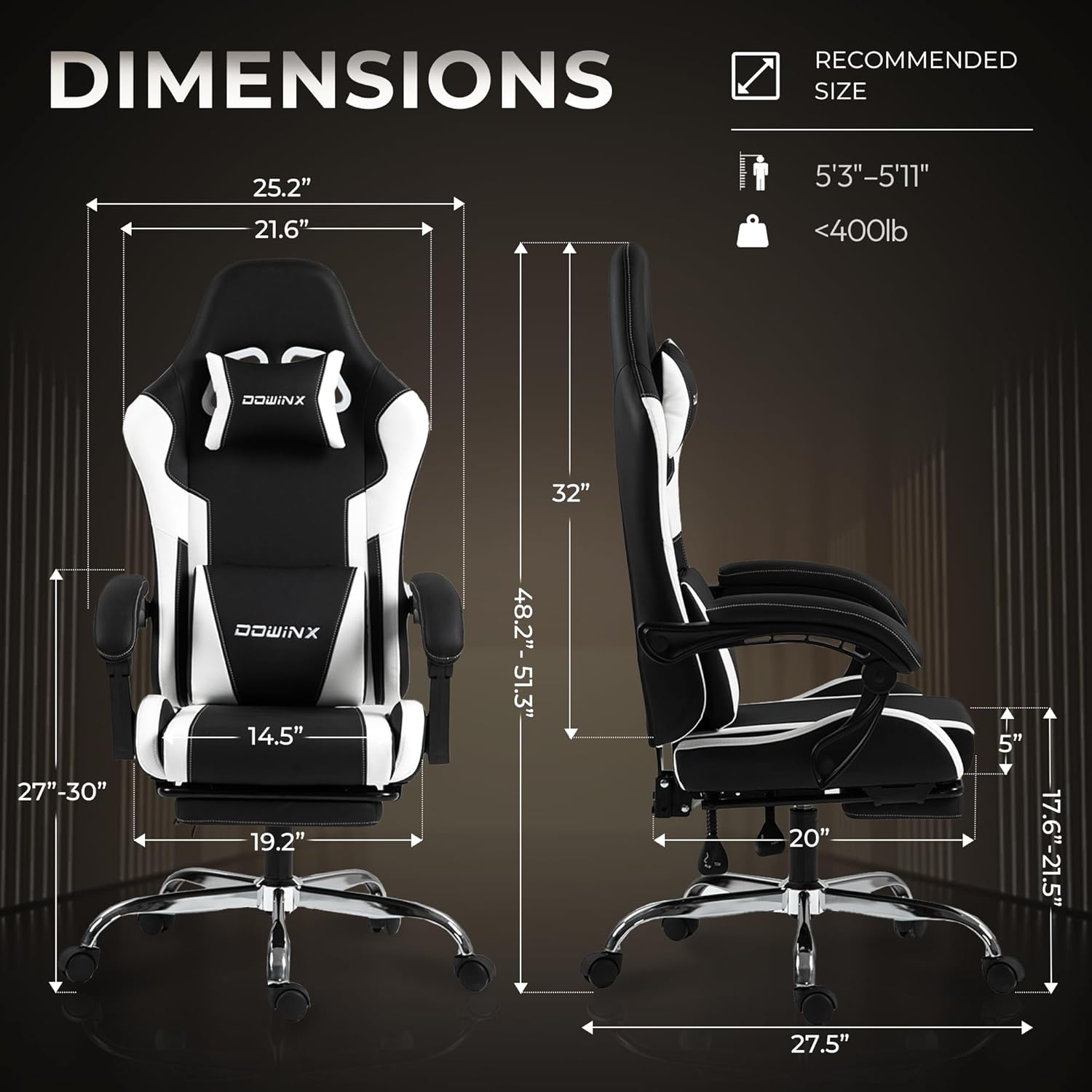 Dowinx Gaming Chair with Footrest, 330lbs Computer Chair 2D Lift Linkage Armrest, Massage Lumbar, Height Adjustable Ergonomic Comfy Video Game Chairs for Home Office Streaming, Long Gaming, White