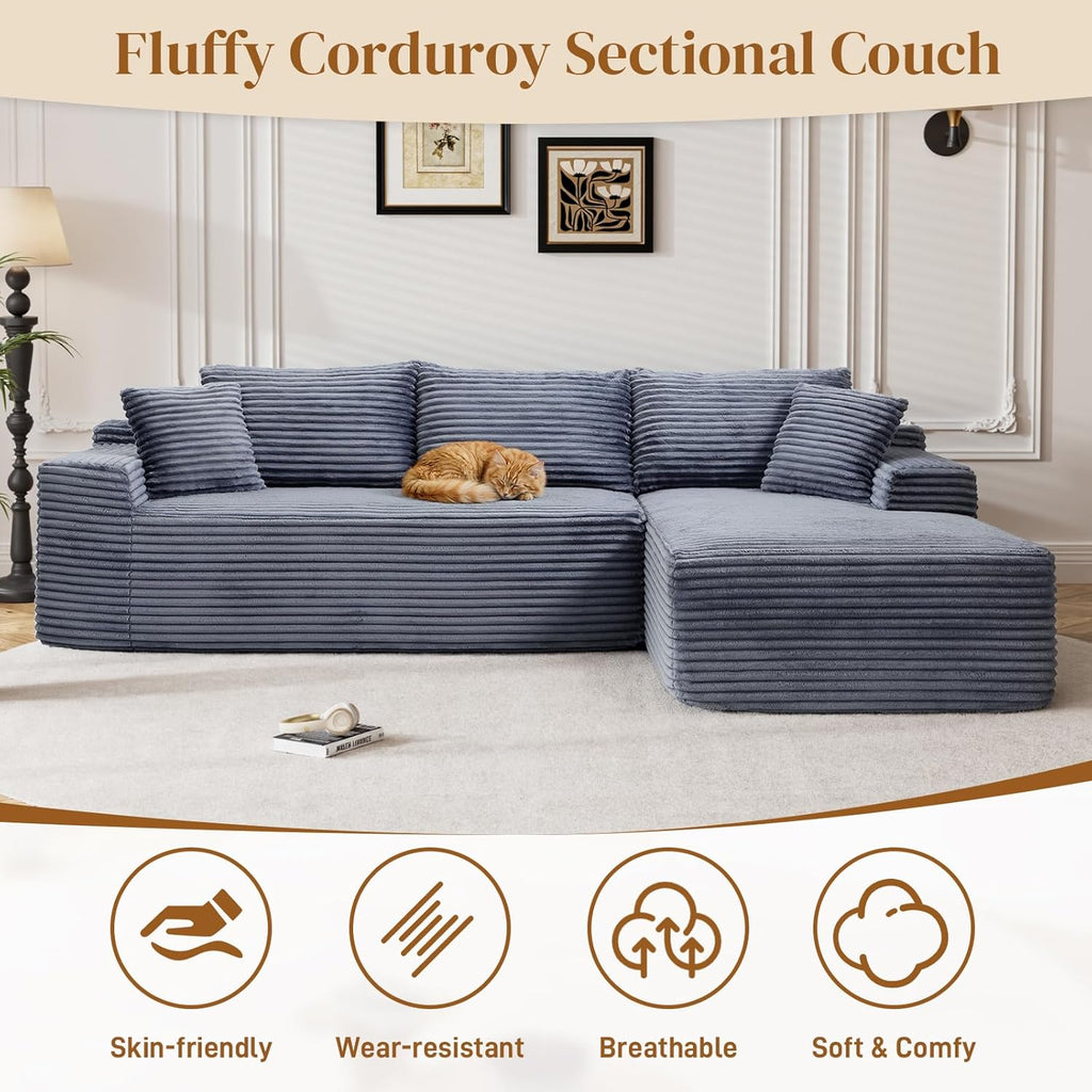 95" Boneless Cloud Sectional Couches for Living Room, Comfy Fluffy L Shaped Memory Foam Deep Seat Boneless Couch, Modular Sectional Sofa with Right Facing Chaise, Grey