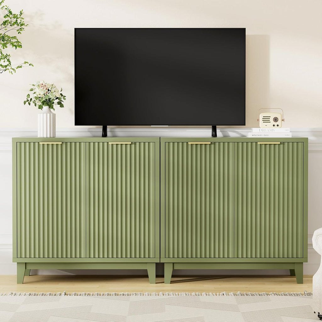 Fluted Cabinet with Storage, 2 Doors Sideboard Buffet, Mid Century Modern Accent Cabinet with Adjustable Shelves, Multifunctional Console Table with Storage for Living Room, Kitchen, Entryway, Green