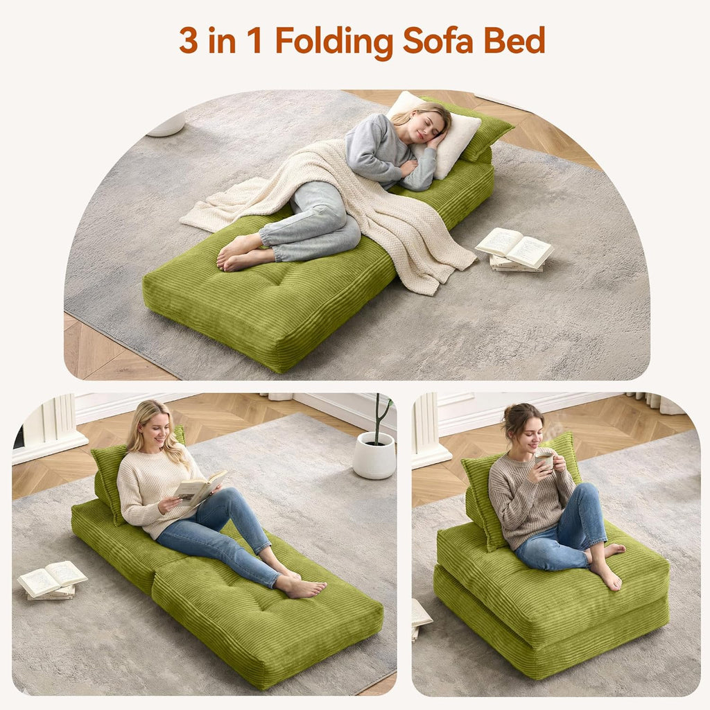 MONVANE Folding Sofa Bed, Fold Out Chair Bed with Pillow, Convertible Sleeper Chair for Living Room/Small Spaces, Foldable Lazy Sofa Bed Floor Chair, Comfy Corduroy Couch Bed, Pistachio Green
