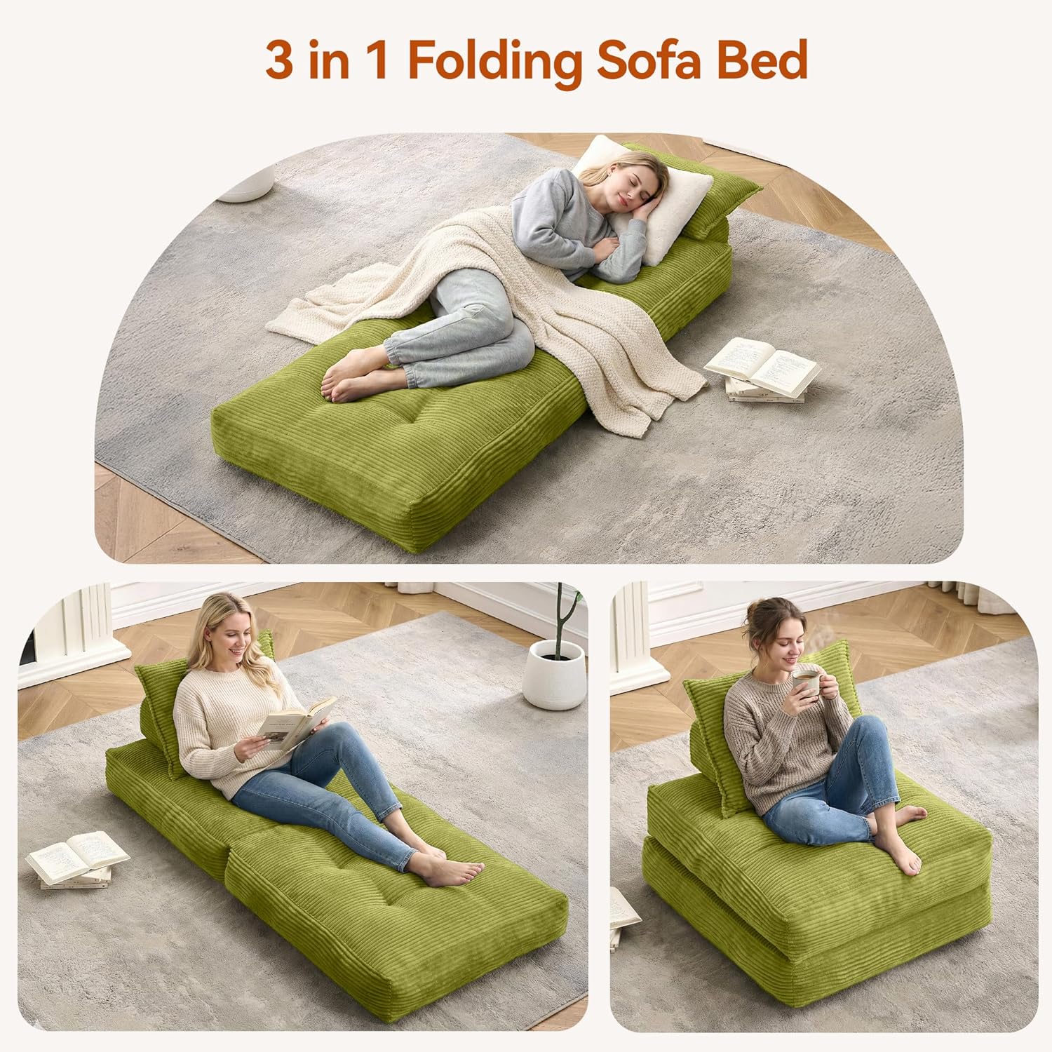 MONVANE Folding Sofa Bed, Fold Out Chair Bed with Pillow, Convertible Sleeper Chair for Living Room/Small Spaces, Foldable Lazy Sofa Bed Floor Chair, Comfy Corduroy Couch Bed, Pistachio Green