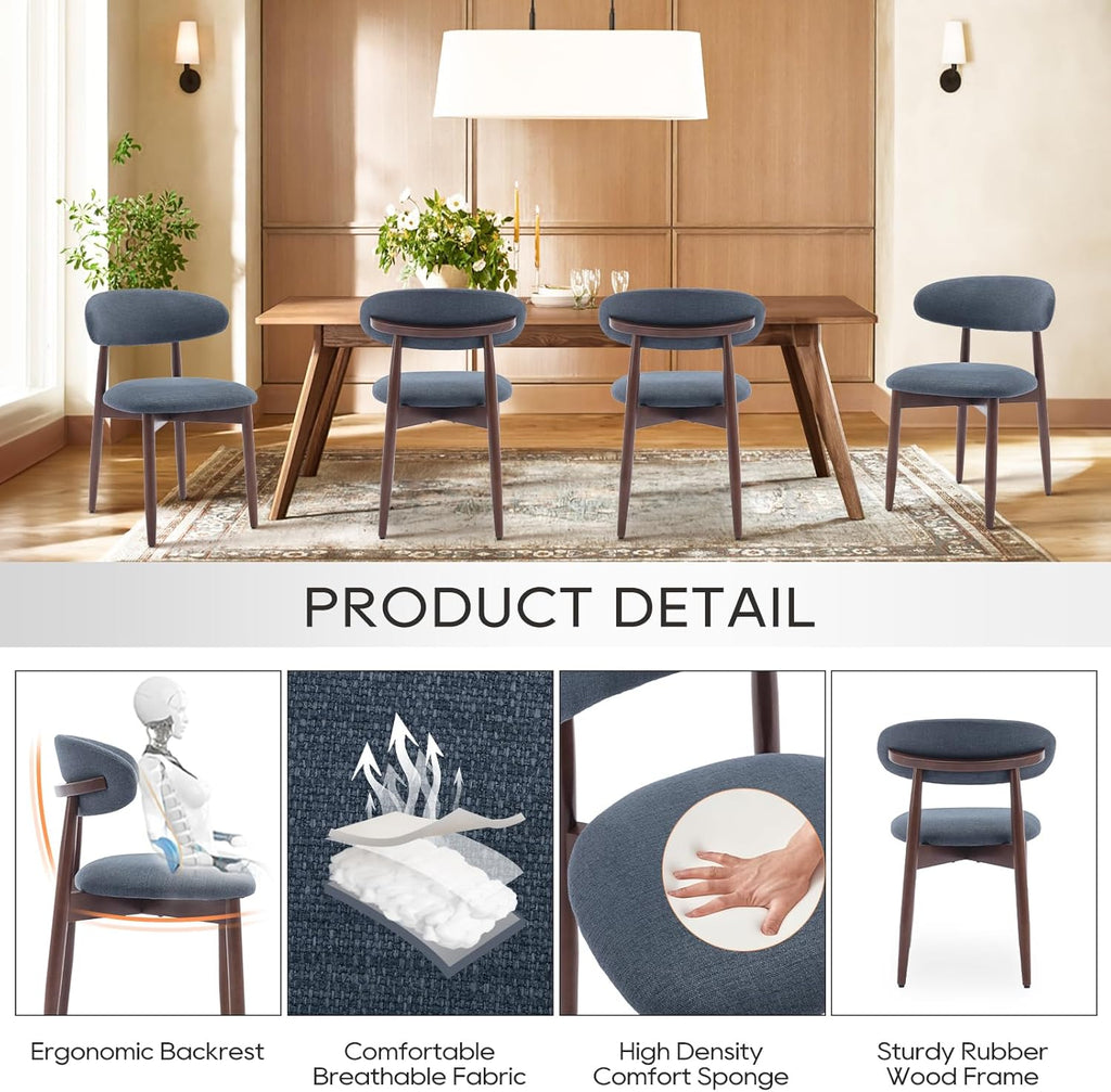 COLAMY Wooden Dining Chairs Set of 4, Modern Fabric Upholstered Dining Room Chair, Farmhouse Kitchen Side Chairs with Foot Pegs, Blue