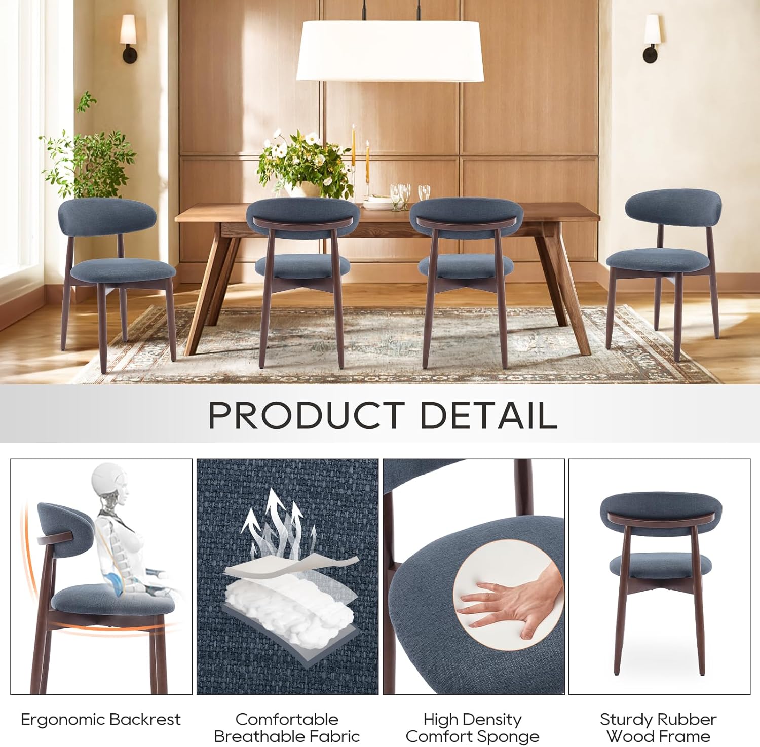 COLAMY Wooden Dining Chairs Set of 4, Modern Fabric Upholstered Dining Room Chair, Farmhouse Kitchen Side Chairs with Foot Pegs, Blue