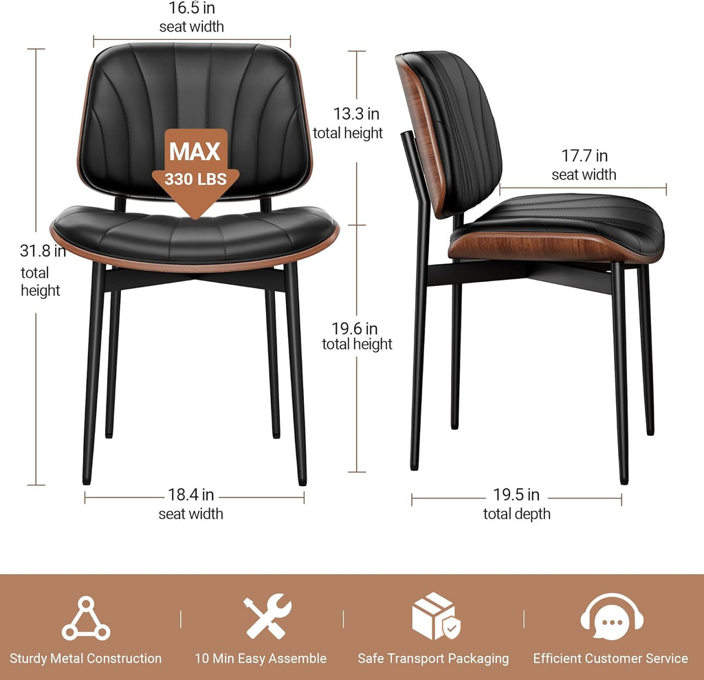 REONEY Dining Chairs Set of 4, Mid-Century Modern Upholstered PU Leather Chairs with Walnut Bentwood Back and Metal Legs Adjustable Feet for Kitchen Dining Room, Black Shell Strips