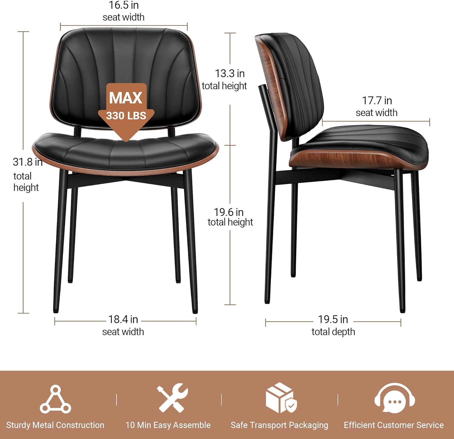 REONEY Dining Chairs Set of 4, Mid-Century Modern Upholstered PU Leather Chairs with Walnut Bentwood Back and Metal Legs Adjustable Feet for Kitchen Dining Room, Black Shell Strips
