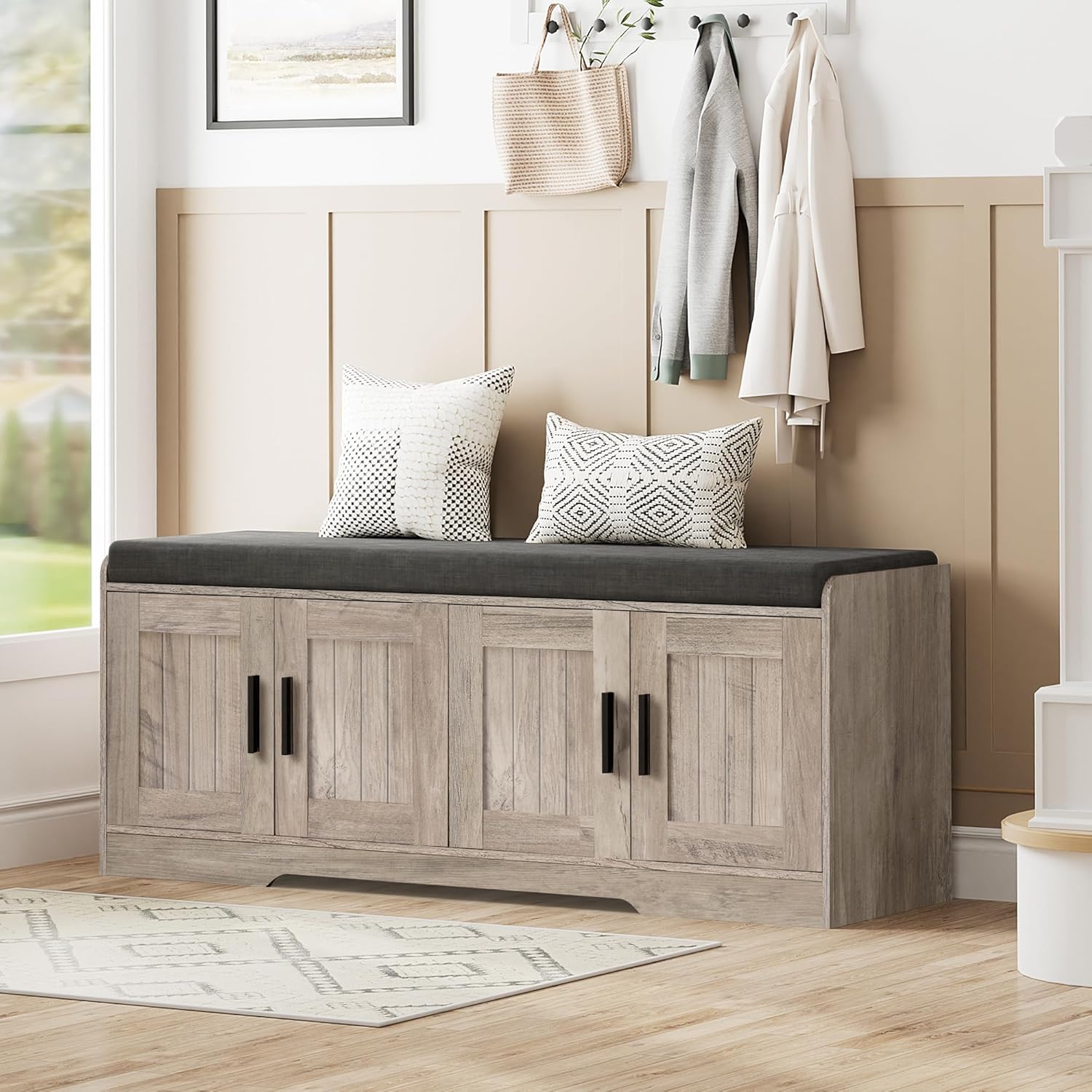 Homleke 2-Tier Storage Bench, Shoe Bench with Thickened Padded Seat Cushion, Entryway Bench with 4 Doors, Adjustable Shelf, 13.8" D x 45.3" W x 18.5" H, for Entryway, Living Room, Bedroom, Greige