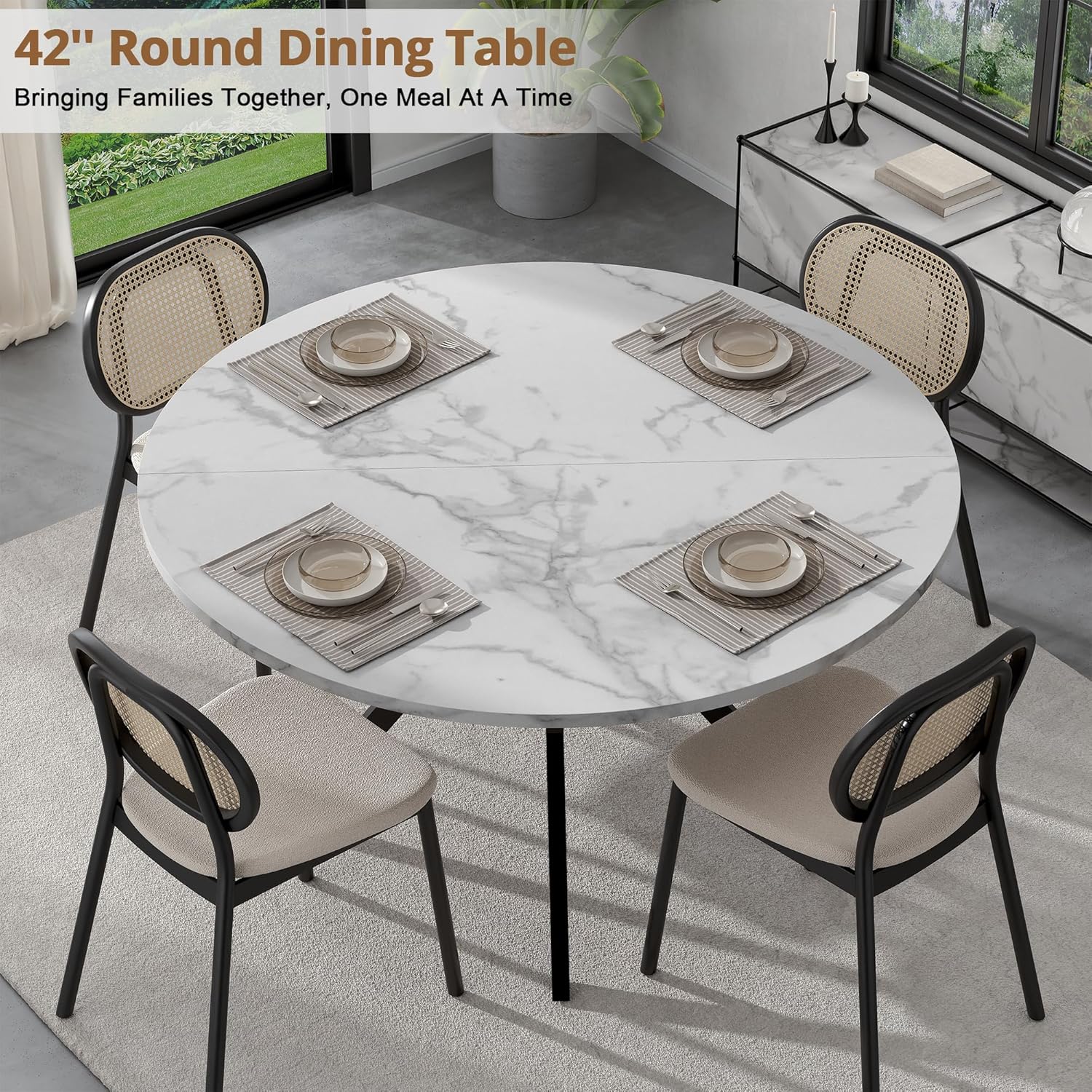 42" Round Dining Table for 2-4, Modern Kitchen Table with Faux Marble Tabletop & Metal Legs, Space Saving Circle Table with Storage, Wood Kitchen & Dining Room Tables for Kitchen Dining Room