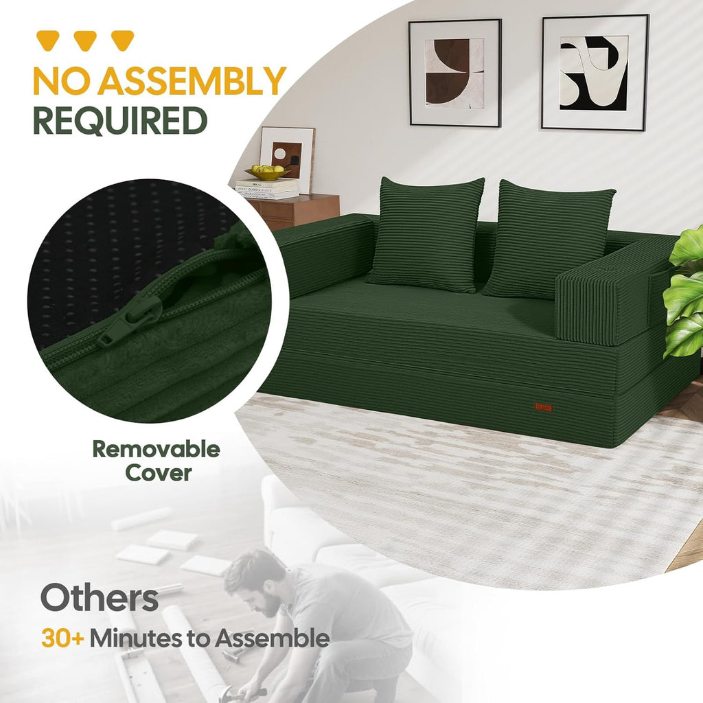 COMAX Futon Sofa Bed, 4‑in‑1 Convertible Sofa Bed, Folding Boneless Couches for Living Room, Fold Out Small Foldable Loveseat Floor Sleeper Comfy Mattress Lounge Space‑Saving, Green