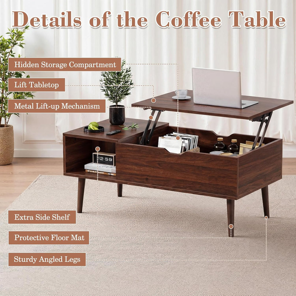 OLIXIS Wood Lift Top Coffee Table with Hidden Compartment and Large Storage Shelf, Lift Tabletop Dining Center Table for Home Living Room Office, Dark Brown
