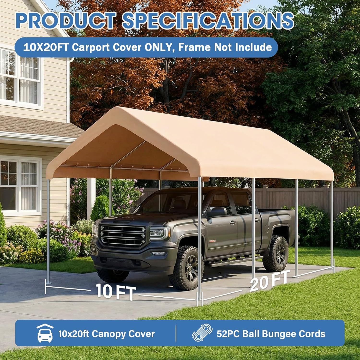 10x20FT Canopy Replacement Cover, Carport Replacement Canopy for 10' x 20' Frame, 800D Oxford Waterproof & UV Protected Tarp with Ball Bungees (Frame is not Included) (Beige)