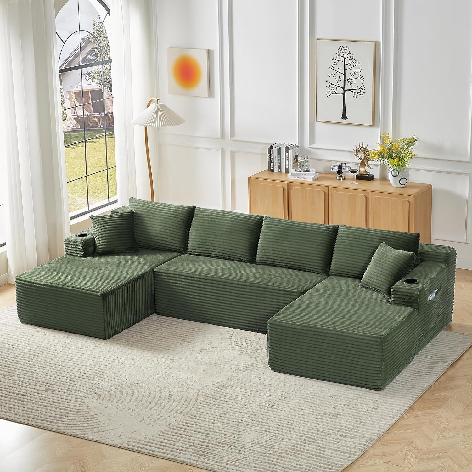 134" U Shaped Boneless Couch with Chaise, Oversized Modular Sectional Sofa with Cupholders & Storage Corduroy Cloud Couches for Living Room, Free Combination, No Assembly Required, Green