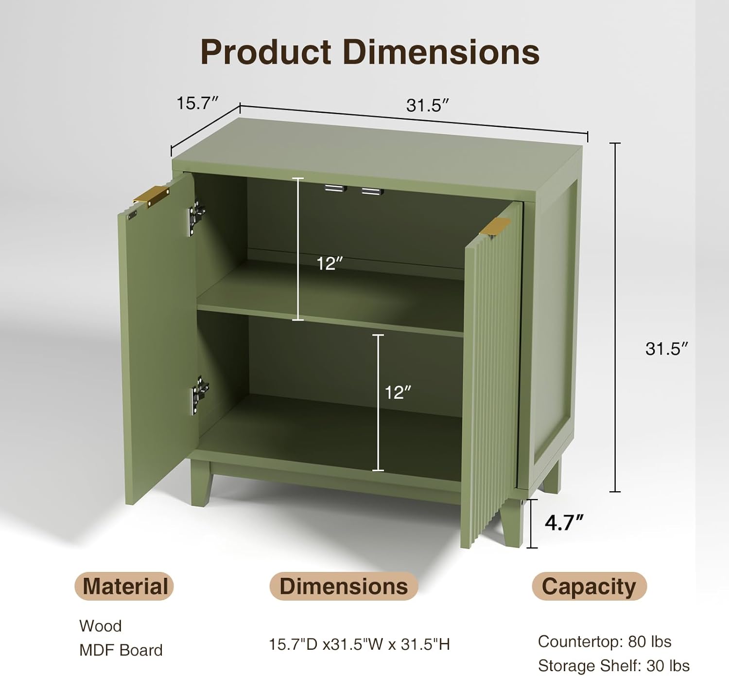 Fluted Cabinet with Storage, 2 Doors Sideboard Buffet, Mid Century Modern Accent Cabinet with Adjustable Shelves, Multifunctional Console Table with Storage for Living Room, Kitchen, Entryway, Green
