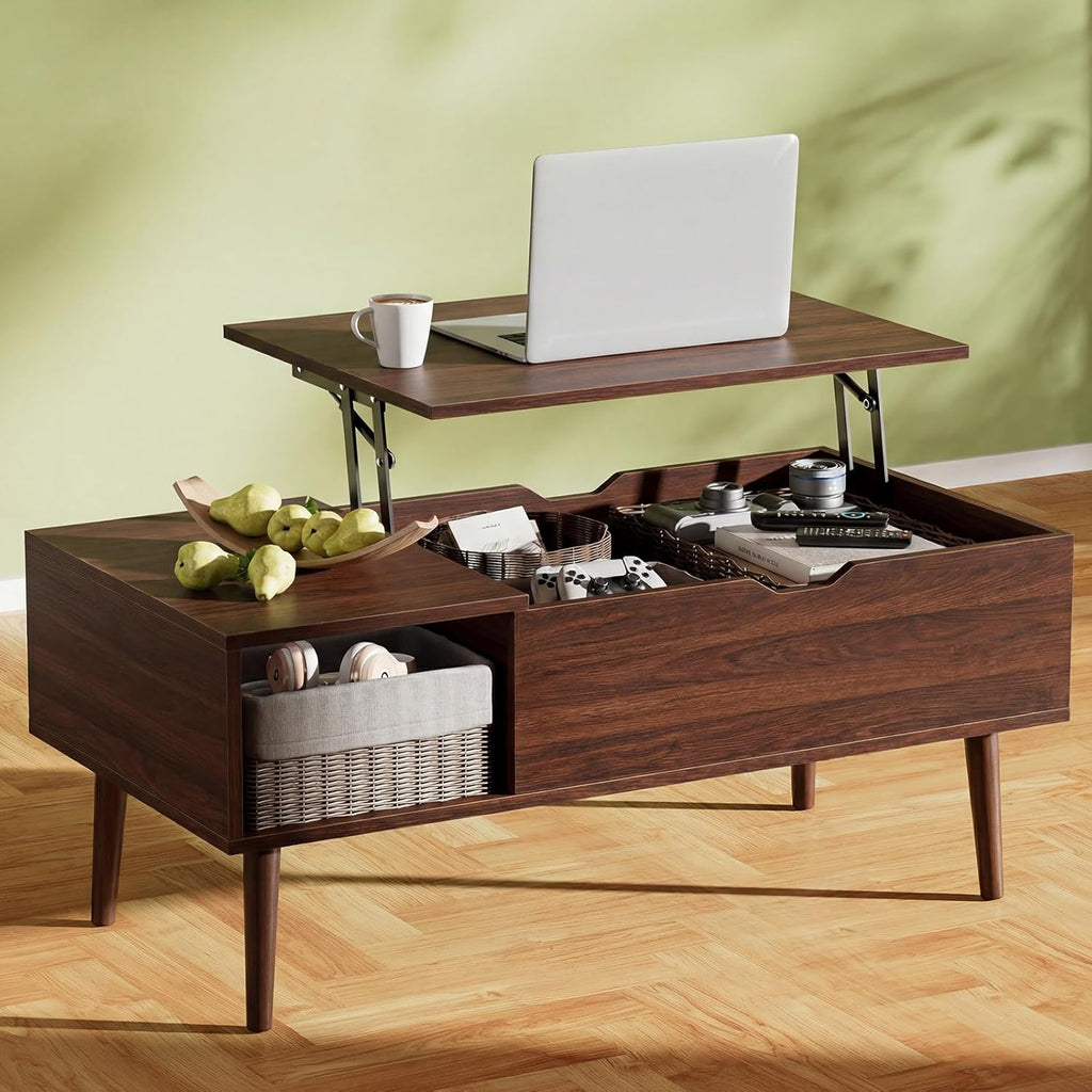 OLIXIS Wood Lift Top Coffee Table with Hidden Compartment and Large Storage Shelf, Lift Tabletop Dining Center Table for Home Living Room Office, Dark Brown