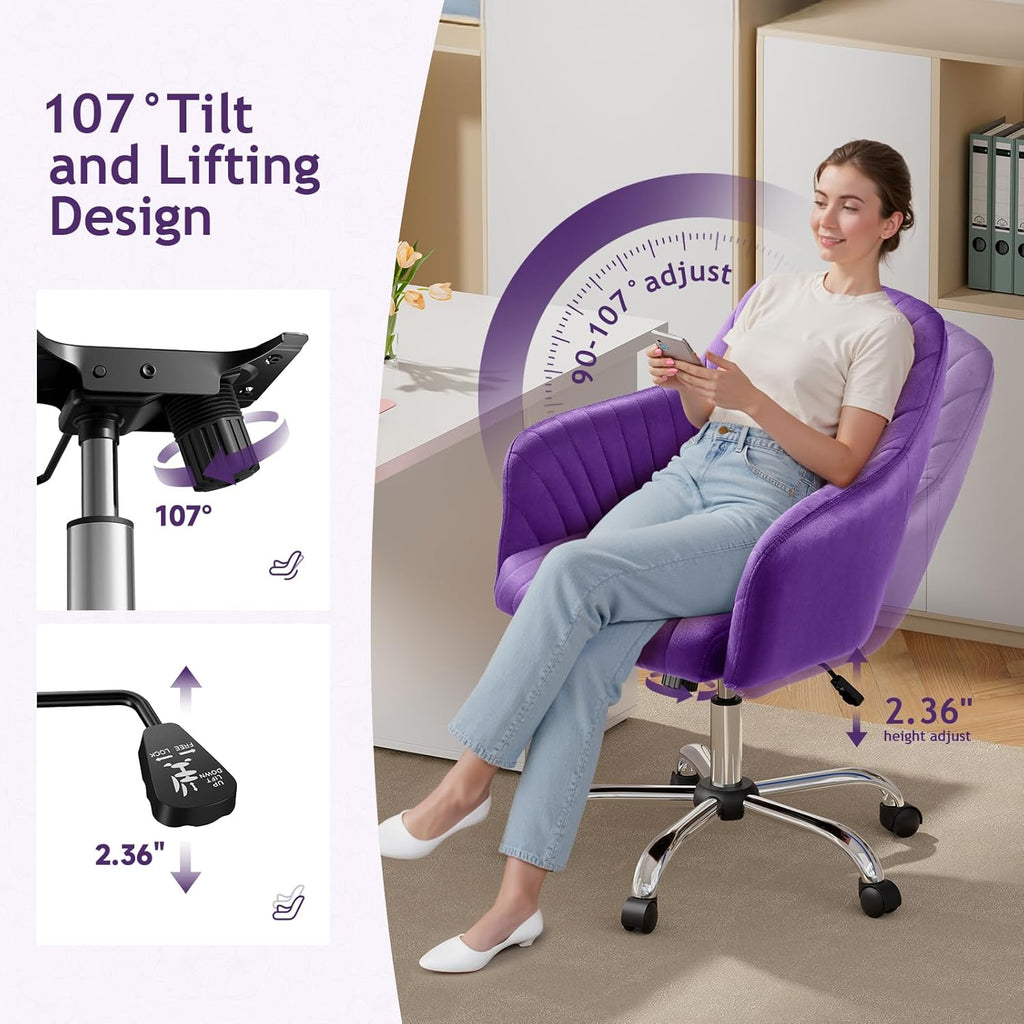 Warmiehomy Office Chair, Velvet Desk Chair for Home Office, Cozy Vanity Chair, Girl Cute Makeup Chair with Arm Rest for Bedroom Dressing Room (Velvet Plum Purple)