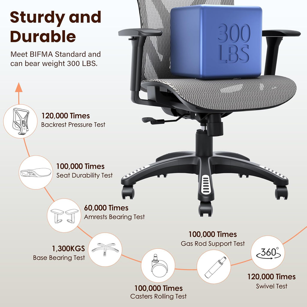 Ergonomic Office Chair, Mesh Computer Desk Chairs with Adjustable Lumbar Support, 3D Armrest, Tilt Function, Comfy Wide Seat, Executive Work Task Chair for Company & Home, Gaming Chair (Grey)